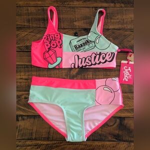 Justice Bazooka Ring Pop Two-Piece Swimsuit Girls M 10 Bikini Pink Logo UPF NEW